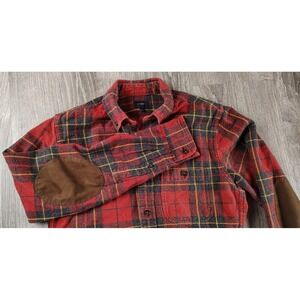 J. Crew Plaid XS Flannel Plaid Red Cotton Shirt Mens Tan Elbow Patch Button Down